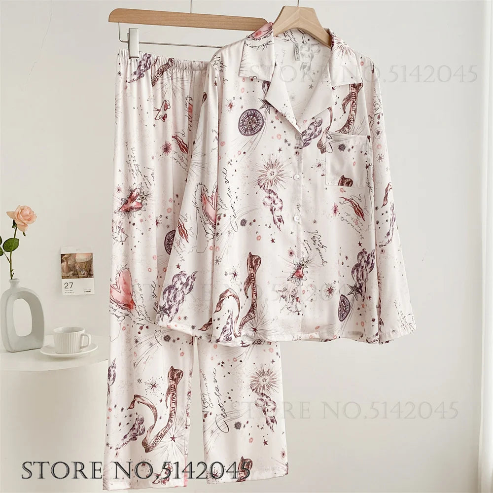 Fashion Print Flower 2PCS Pajamas Set Women Sleepwear Spring Summer Trouser Suits Lounge Wear Loose Satin Home wear Pajamas Suit