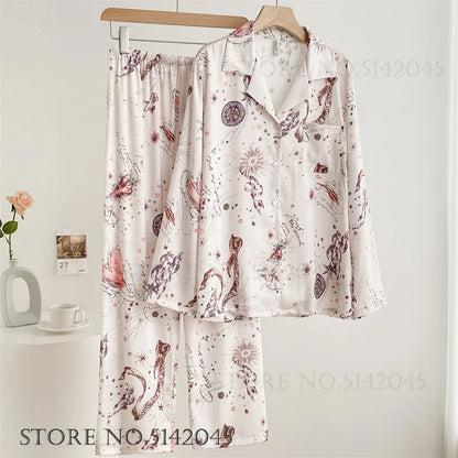 Fashion Print Flower 2PCS Pajamas Set Women Sleepwear Spring Summer Trouser Suits Lounge Wear Loose Satin Home wear Pajamas Suit