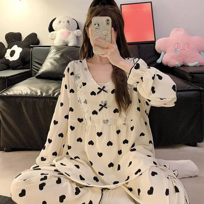 5XL Plus Size Pajama Set Women Lace Sweet Home Clothes Spring Autumn Long Sleeve Tops Trousers Loose-fit Comfortable Loungewear