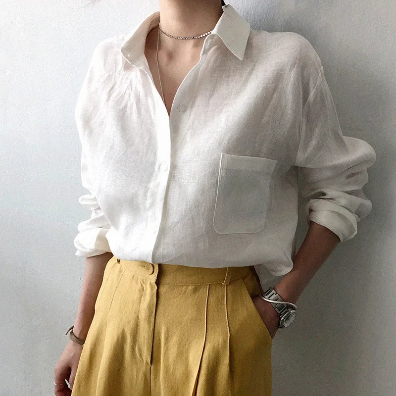 Leisure Long Sleeve Cotton Linen Loose Shirt Women Spring Summer Vintage Harjauku Streetwear Oversized Blouse Elegant Top Tunics