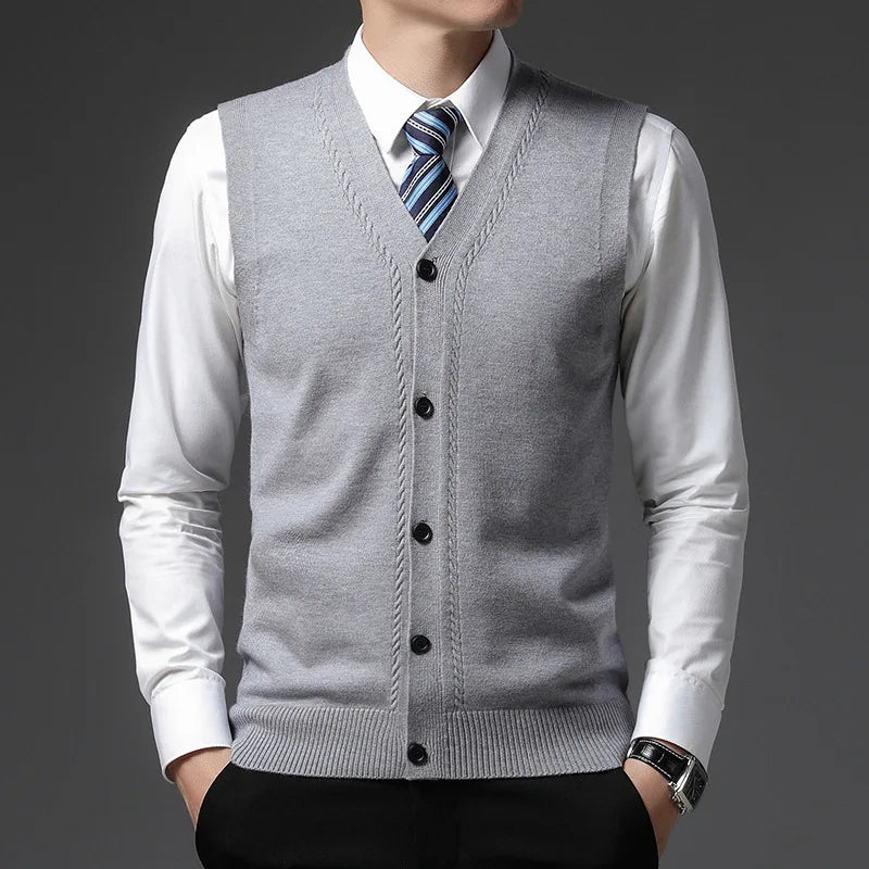 2025 Men's New Autumn and Winter Vest Young Casual Warm Knit Sleeveless Base Shirt Solid Color Jacquard Cardigan Vest