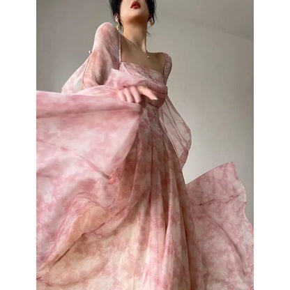 Pink Floral Dress Summer Woman Long Sleeve Chiffon Casual Midi Dress Even Party Elegant Formal Dress Beach Style 2025 Summer