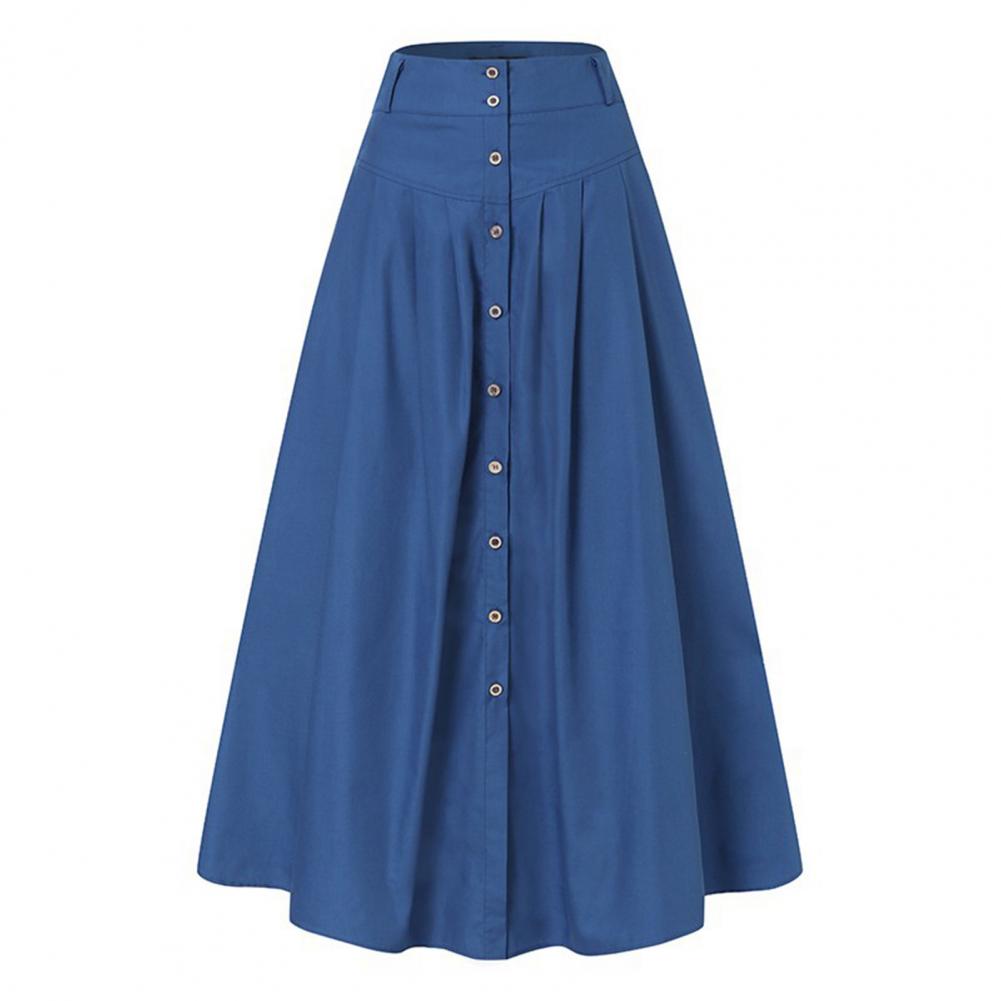 Big Hem Women Long Skirt Solid Color High Waist All Match Button Decor A-line Summer Loose Maxi Skirt Female Garment