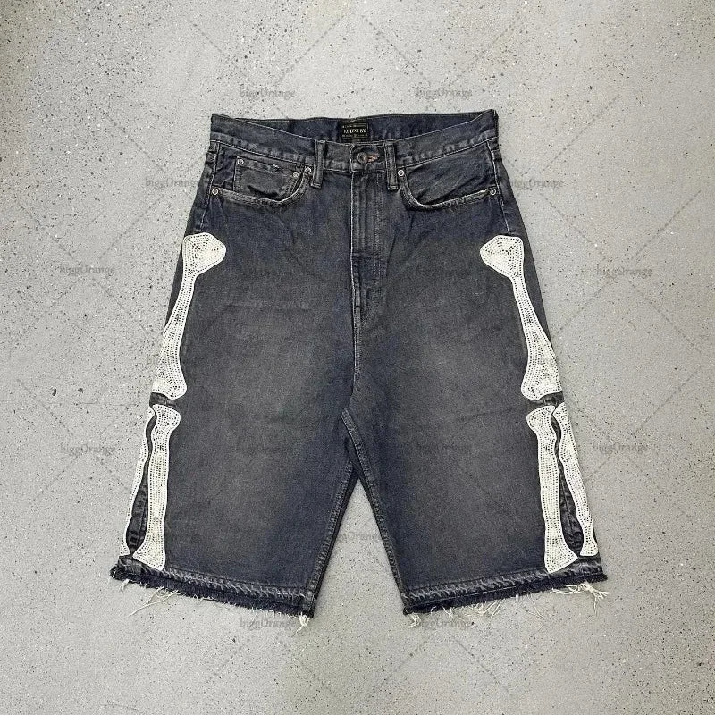 2025 European and American Summer Retro Skeleton Denim Shorts Sports Casual Shorts New Couple Wear Street Wear Five-Fifth Pants