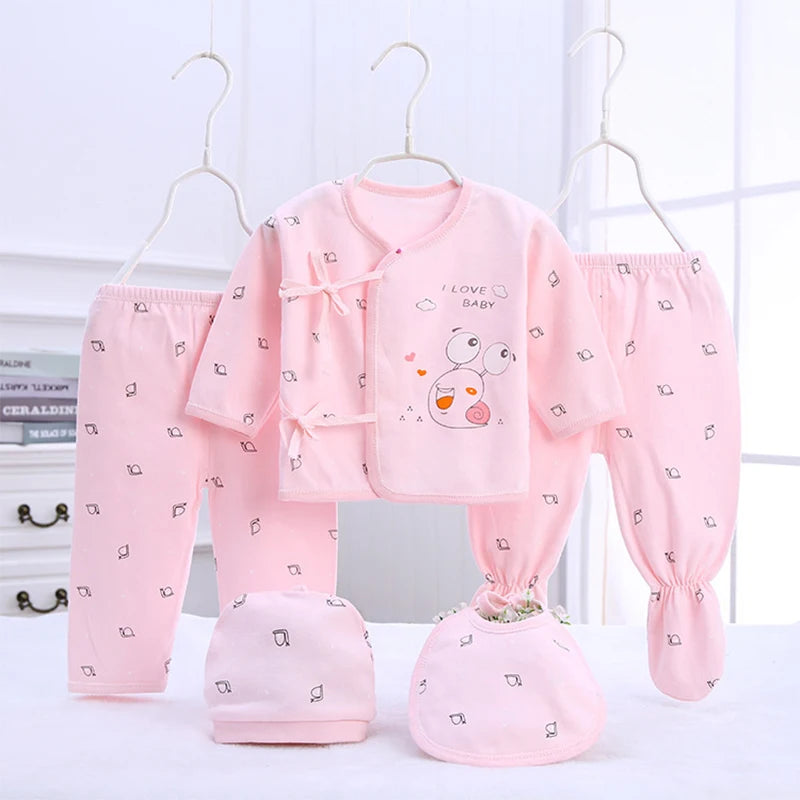 5Piece Sets Spring Baby Girl Boy Clothes Casual Cartoon Cute Print Long Sleeve Cotton Tops+ Pants+ Hat Newborn Hospital Set BC1361