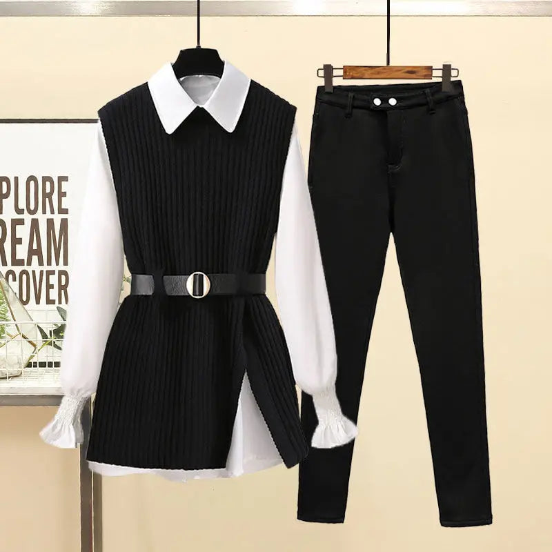 2025 Autumn Increased Size Korean Popular Chiffon Shirt Knitted Sweater Jeans Three Piece Elegant Women's Pants Set Tracksuit