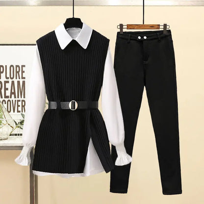 2025 Autumn Increased Size Korean Popular Chiffon Shirt Knitted Sweater Jeans Three Piece Elegant Women's Pants Set Tracksuit