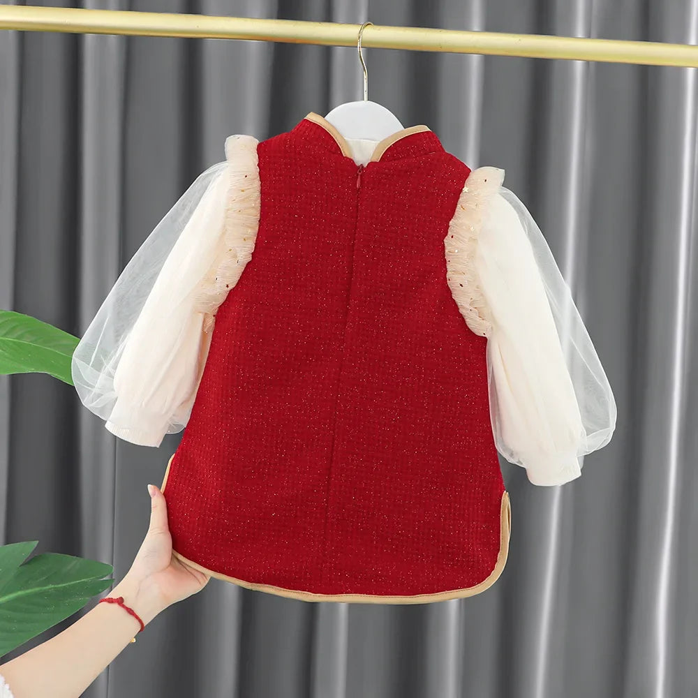 Toddler Baby Girls Dress Autumn  Winter Kids Red Christmas New Year Plush Warm Dress Infant Clothing Set Top+ skirt For 1-4 Years