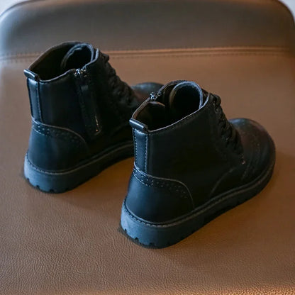 Kids Casual Boots PU Leather Black Zipper for Boys Girls Cross-tied Children Ankle High Boots Anti-skid Round Toes Soft Quality