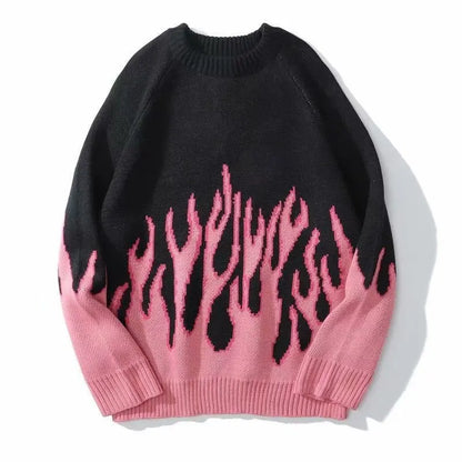 Hip Hop Mens Streetwear Harajuku Knitted Sweater Blue Fire Flame 2025 Autumn Sweater Pullover Loose HipHop Retro Vintage