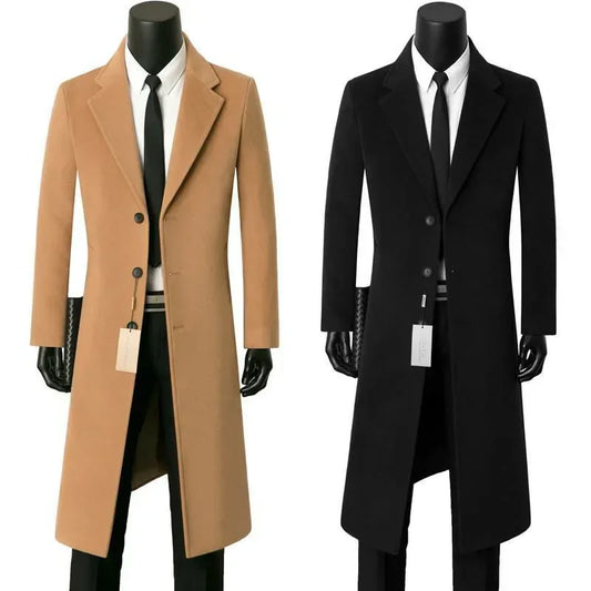Men's Medium Length Woolen Coat, Business Casual  Warm Windbreaker, Suit Collar, Autumn, Winter
