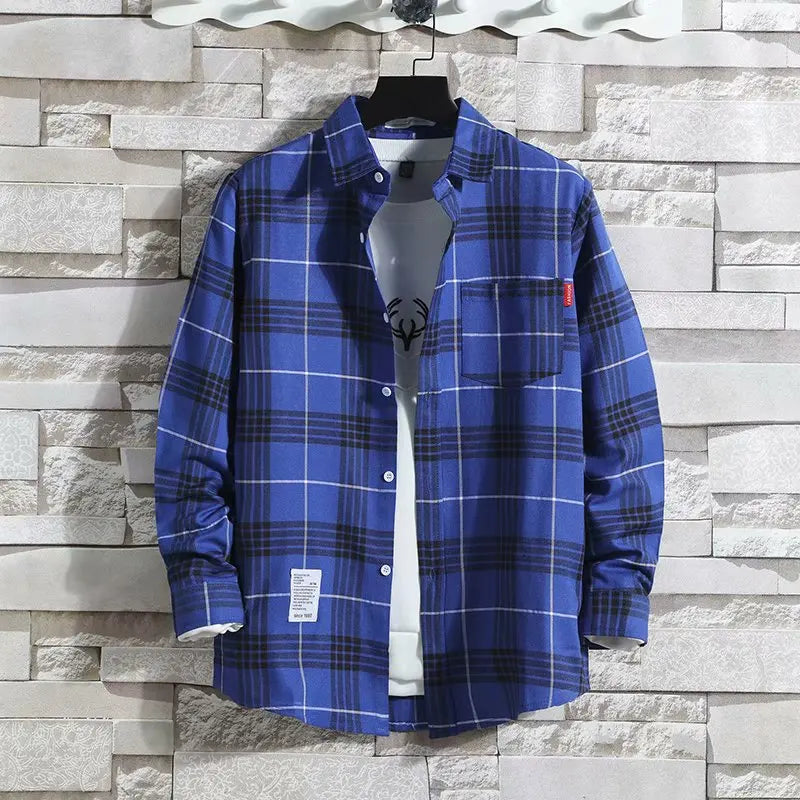 Spring New Korean Style Plaid Shirts Men's Handsome Long-sleeved Loose Casual All-matching Shirt Coats 2025 Trend Men's Clothing