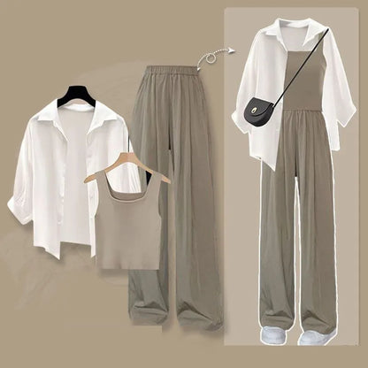 2025 Summer New Fashion Tracksuit Matching Set Women's Elegant White Sunscreen Shirt+ Vest+ Casual Wide Leg Pants 3-Piece Suit