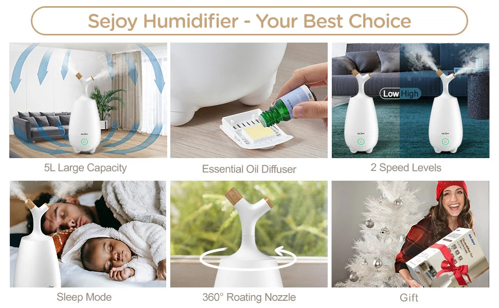 SEJOY Humidifiers for Large Room 5L Ultrasonic Cool Mist Humidifier for Bedroom Ultra Quiet Top Fill Air Humidifier for Baby