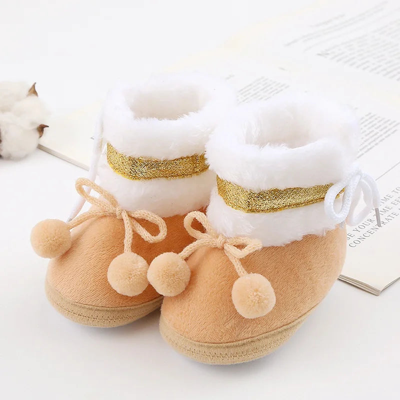Baby Winter Snow Boots Cute Bear Warm Fluff Balls Indoor Soft Sole Infant Newborn Toddler Baby Shoes 0-18M