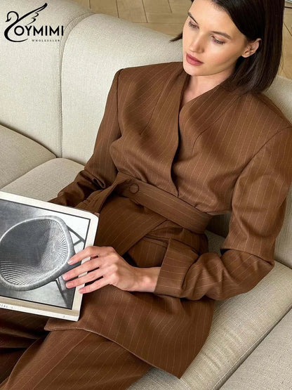 Oymimi Fashion Brown Print Two Piece Set For Women Elegant V-Neck Long Sleeve Lace-Up Shirts And Straight Full Length Pants Sets