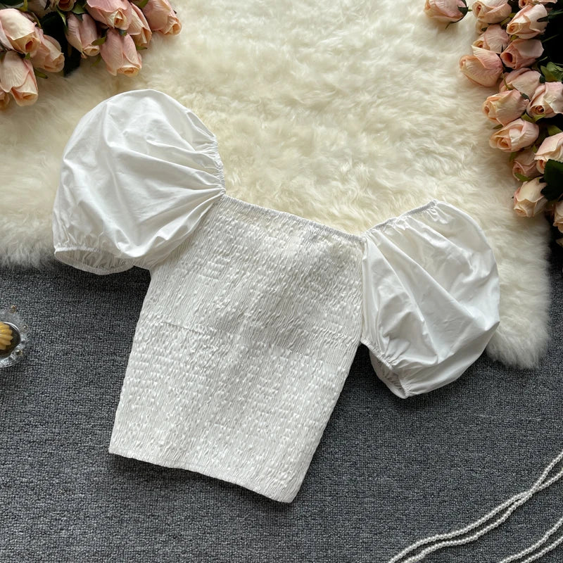 Belly Button Shirt Chic Chain Off Shoulder Expose Clavicle Tank Top Summer Puff Sleeve Crop Tops Women Elegant Sexy Slim Blouses