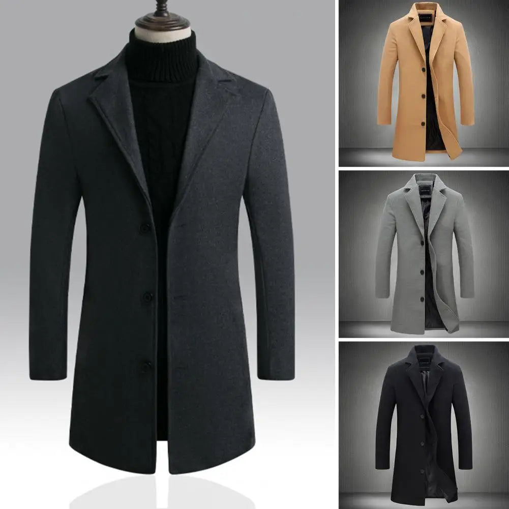 Breathable Woolen Coat Men's Woolen Coat with Formal Suit Collar Solid Color Mid-length Jacket for Office Business Outwear Lapel