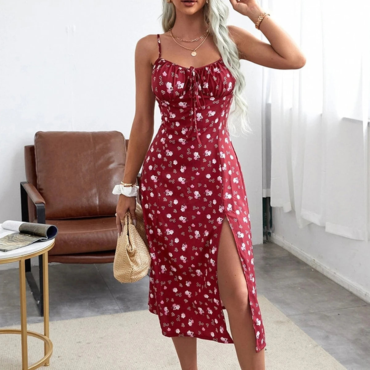 Women's Clothing Summer 2025 Trend Floral Dress, Flower Print Spaghetti Strap Sleeveless  with High Slit for Ladies