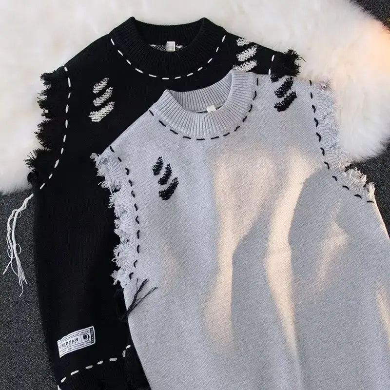 Sweater Vests Men Frayed Raw Edge Comfortable Sleeveless All-match Japanese Style Knitting Leisure Daily Chic Aesthetic Classic