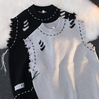 Sweater Vests Men Frayed Raw Edge Comfortable Sleeveless All-match Japanese Style Knitting Leisure Daily Chic Aesthetic Classic