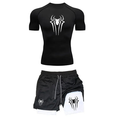 Men's Workout Compression Set Y2K Spider Printed Gym T-shirts Breathable Running Shorts Quick Dry Sports Rash Guard Sportwear Set