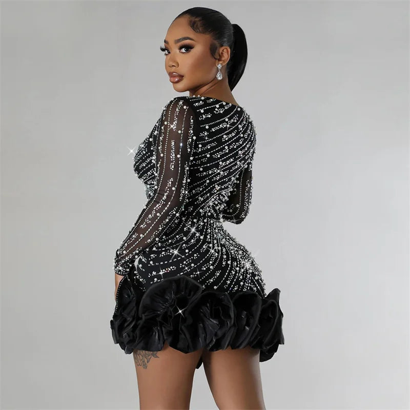 2025 New Women Mesh Sleeve Bodycon Sexy Diamonds Birthday Party Dress Tiered Ruffles Rhinestone Pearls Party Night Dress Pink