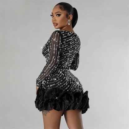 2025 New Women Mesh Sleeve Bodycon Sexy Diamonds Birthday Party Dress Tiered Ruffles Rhinestone Pearls Party Night Dress Pink