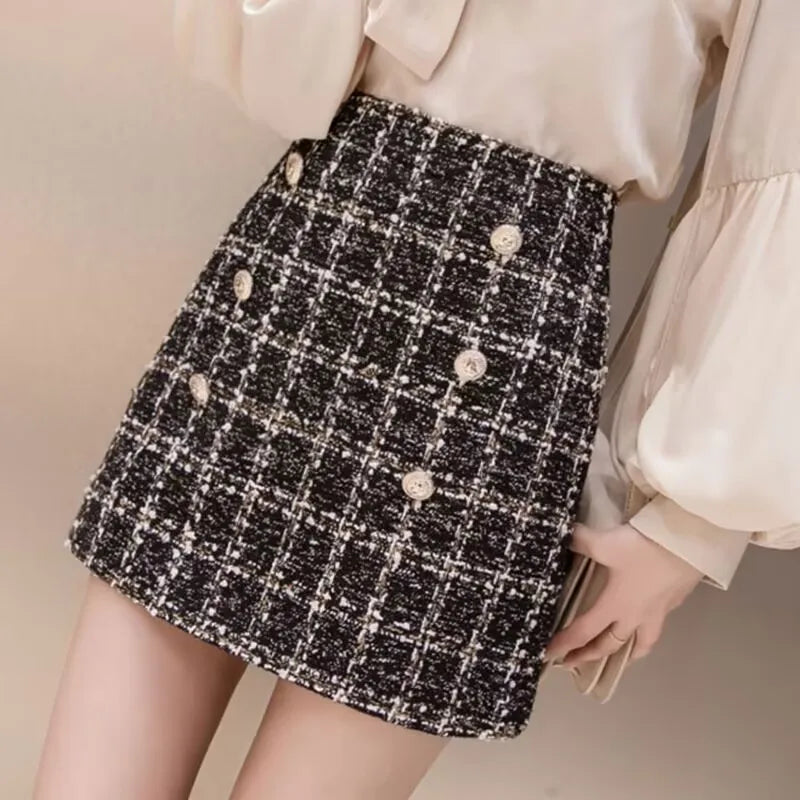 Tweed Skirts for Women Solid High Waist Slimming Skirts Autumn Spring 2025 Buttons Double Breasted Tweed Wool Mini Skirt
