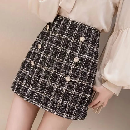 Tweed Skirts for Women Solid High Waist Slimming Skirts Autumn Spring 2025 Buttons Double Breasted Tweed Wool Mini Skirt