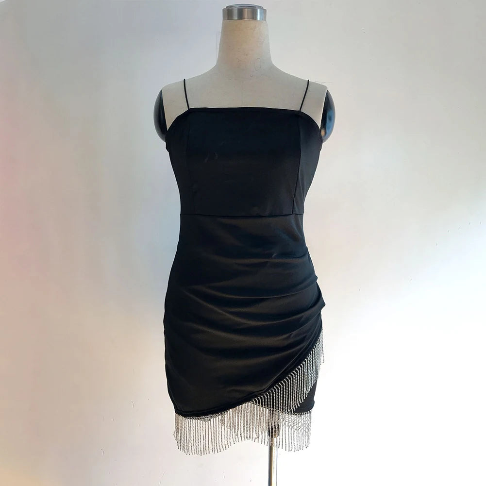 Birthday Woman Party Night Tassel Split Dress Short Sexy Dresses Summer Elegant Sleeveless Bodycon Solid Color White/Black