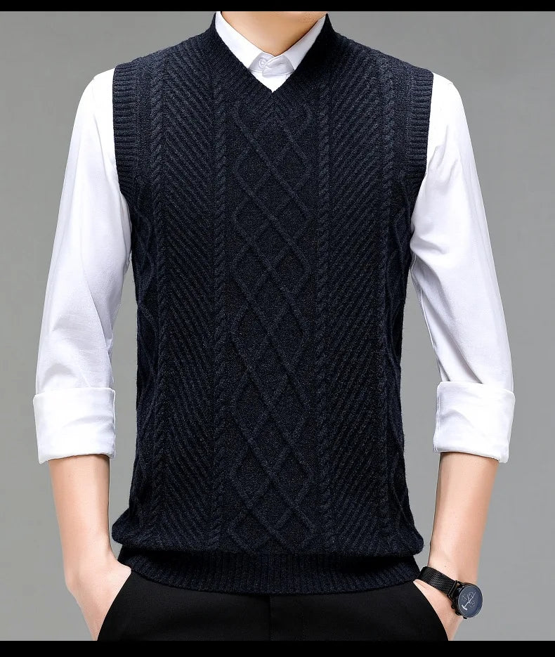 Stylish V-neck Jacquard Knit Sleeveless Sweater Vest for Men Middle-aged Men Fashion Solid Color Warm Top