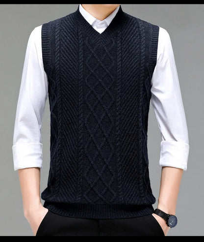 Stylish V-neck Jacquard Knit Sleeveless Sweater Vest for Men Middle-aged Men Fashion Solid Color Warm Top
