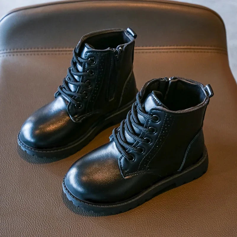 Kids Casual Boots PU Leather Black Zipper for Boys Girls Cross-tied Children Ankle High Boots Anti-skid Round Toes Soft Quality