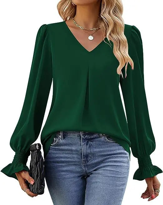 Women's New Solid Color Chiffon Shirt V-neck Pullover Flared Long Sleeved Top Shirt Office Lady Elegant Khaki Loose Blouse