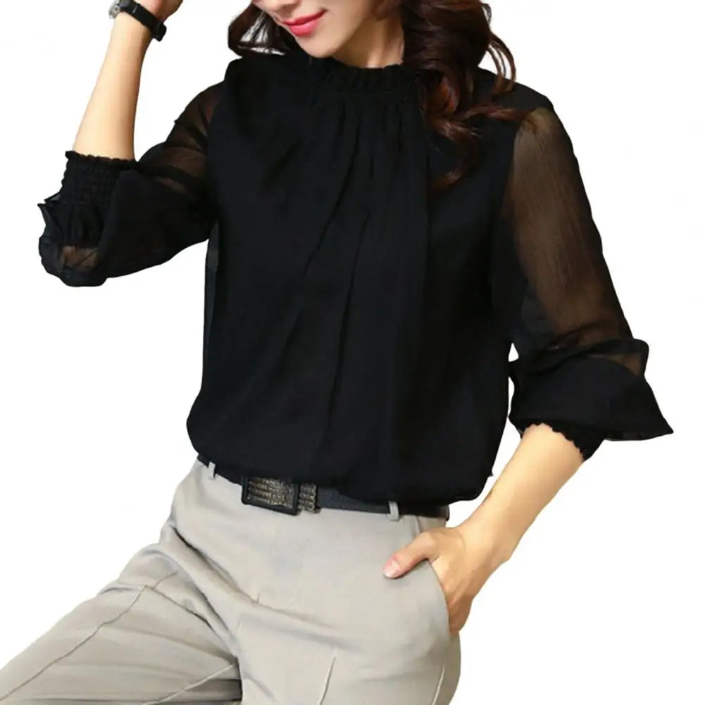 Perspective Net Mesh Sleeve Office Shirt Top Elastic Cuffs Women Shirt Elegant Ruffle Collar Blouse Solid Color Chiffon Shirt