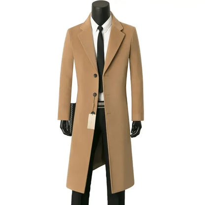 Men's Medium Length Woolen Coat, Business Casual  Warm Windbreaker, Suit Collar, Autumn, Winter