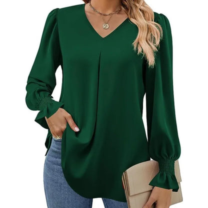 Women's New Solid Color Chiffon Shirt V-neck Pullover Flared Long Sleeved Top Shirt Office Lady Elegant Khaki Loose Blouse