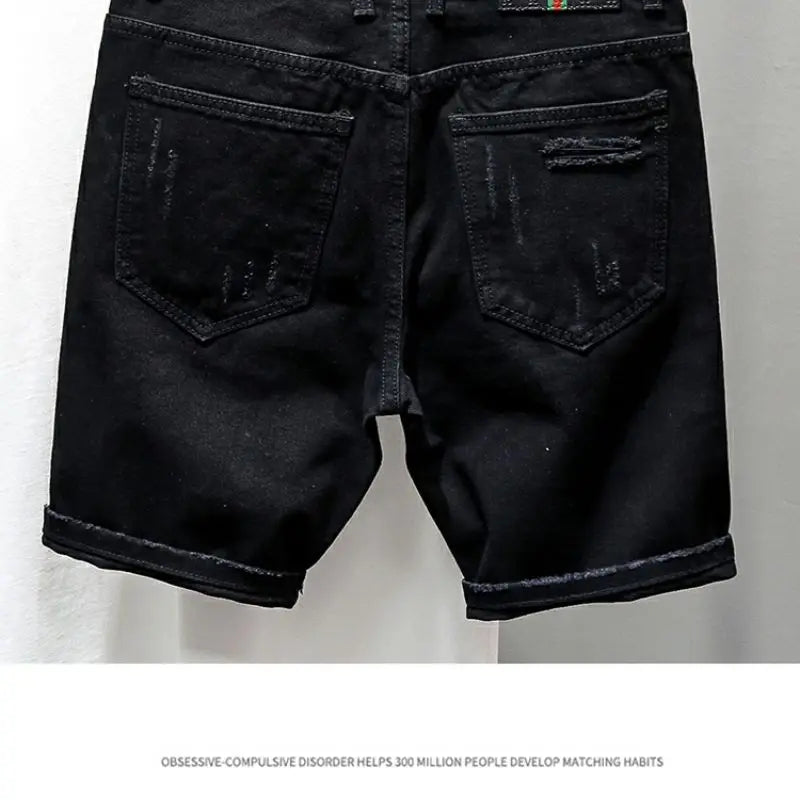 Fashion Summer New Casual Denim Jeans Knee Length Shorts for Men Black Cowboy Low Rise Ripped Holes Boyfriend Men's Denim Shorts