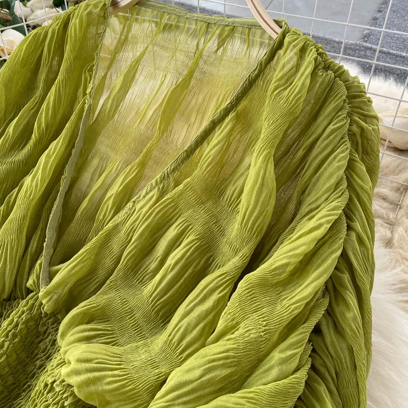 Women Sexy Chiffon Short Blouse Female See Through Super Long Sleeve Purple/Green/Black/White Folds Party Tops 2025 New