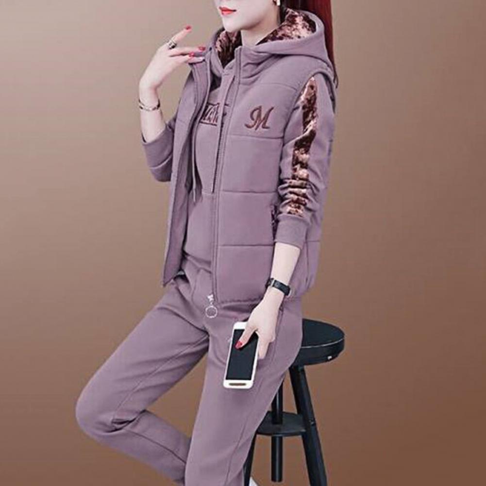 Fashion Warm Three Piece Set Women Outfit 2025 Fall Winter Thicken Tracksuit Casual Waistcoat + Hoodies + Pant Female Sweat Suit
