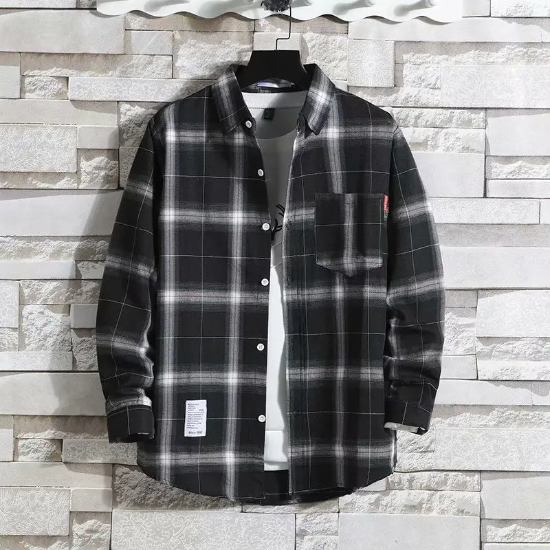 Spring New Korean Style Plaid Shirts Men's Handsome Long-sleeved Loose Casual All-matching Shirt Coats 2025 Trend Men's Clothing