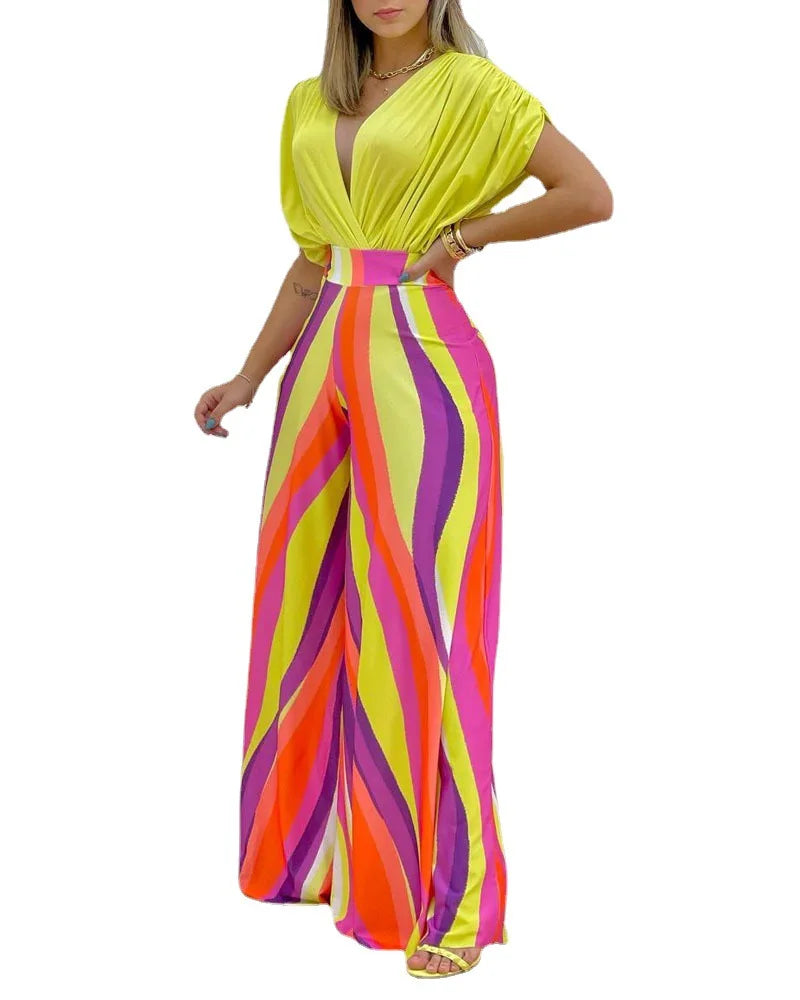 Women Print Suit Pullover Batwing Sleeve V-Neck Top Wide Leg Pants Set Two Piece Set New Loose Casual Women's Clothing Summer