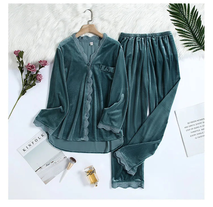 2PCS Velvet Pajamas Set For Women Winter Warm Pajama Sexy Female Valor V-neck Lace Home wear Autumn New Long Pant Pijamas Suit