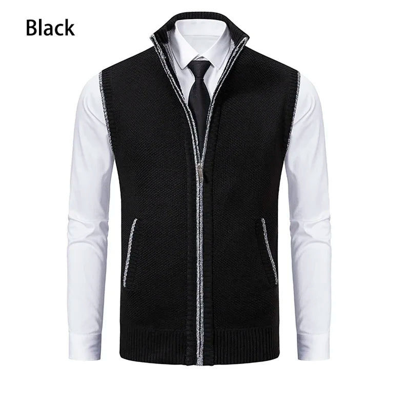Vest Men Knitted Sleeveless Sweater Jacket Wool Velvet Zipper Cardigan Turn-down Pullovers Turtleneck Sweater coat Knit Waistcoat