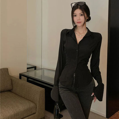 Fashion Women Bandage Shirts Korean All Match Streetwear Female Slim Blouse Spring Casual White Bell Sleeve Shirt New