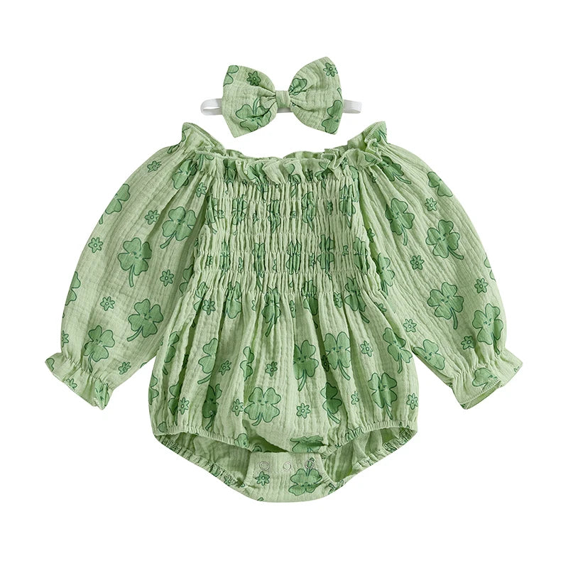 Tregren Infant Baby Girls Valentine's Day Romper Heart Print Long Sleeve Boat Neck Jumpsuits Spring Fall Bodysuits with Headband