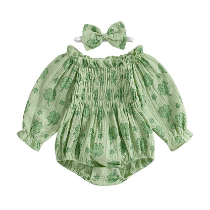 Tregren Infant Baby Girls Valentine's Day Romper Heart Print Long Sleeve Boat Neck Jumpsuits Spring Fall Bodysuits with Headband