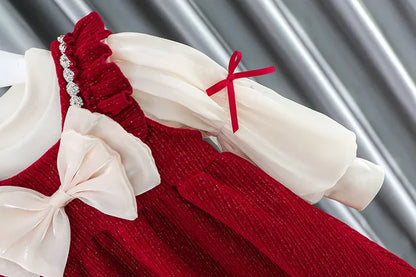 Toddler Baby Girls Dress Autumn  Winter Kids Red Christmas New Year Plush Warm Dress Infant Clothing Set Top+ skirt For 1-4 Years