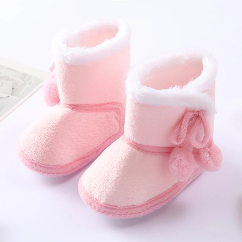 Winter Snow Baby Boots Faux Fur Warm Fluff Balls Indoor Cotton Soft Sole Infant Newborn Toddler Baby Shoes 0-18M